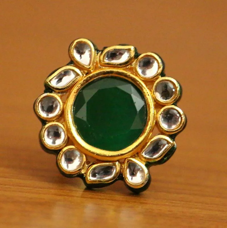 gold statement rings -GREEN ONYX KUNDAN MEENAKARI COCKTAIL RING