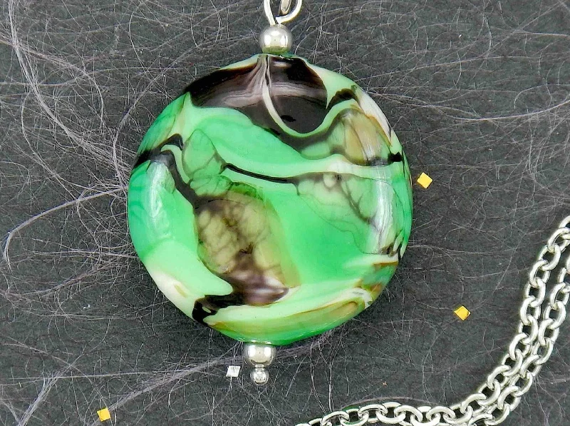 delicate necklaces for women -29-inch necklace with Murano glass round pendant marbled in bright apple green, black and white, stainless steel chain