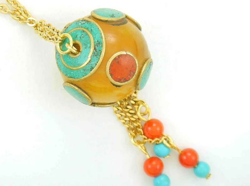 choker necklaces for women -28-inch necklace with round honey yellow Tibetan bead, coral and turquoise inserts, assorted pendants, gold-toned stainless steel chain