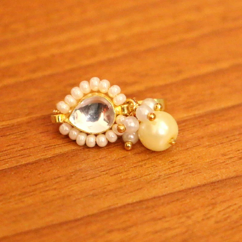 stackable diamond rings -Pear Shaped Kundan & Pearl Pressable Nose Ring