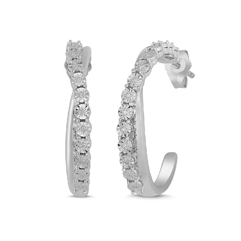 flower earrings for women -Brilliant 0.08ct Diamond Crossover Hoop Earrings in Sterling Silver