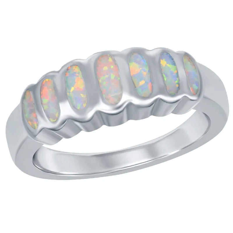 wedding rings for women -Opalata Women's Striped White Inlay Opal Ring - W-9960