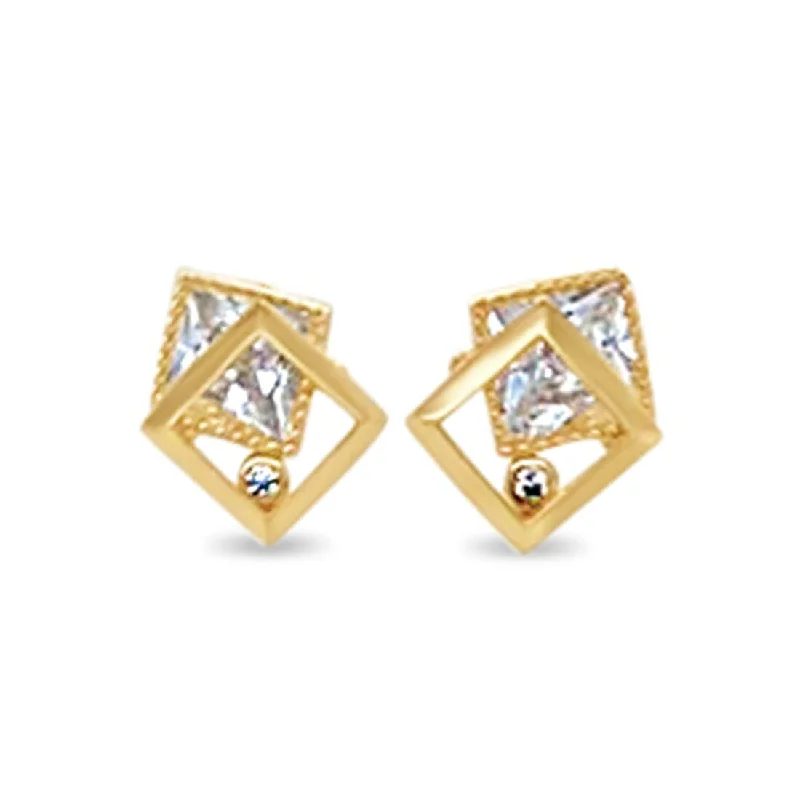 custom name earrings for women -Layered Square Stud Earrings with Cubic Zirconia in 9ct Yellow Gold