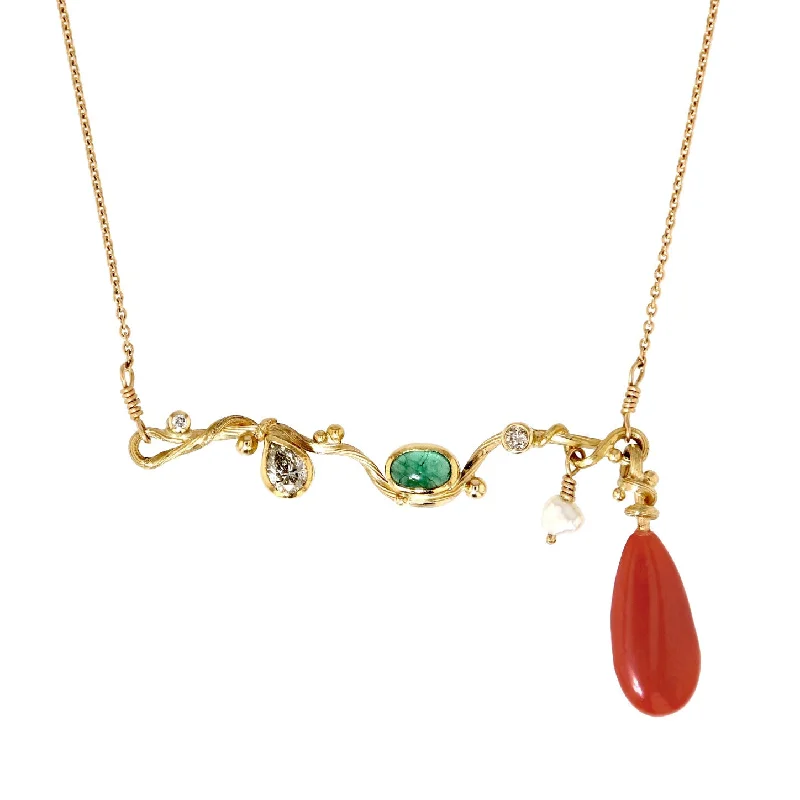 long chain necklaces for women -Seafire 18K, 22K & 24K Gold Necklace w. Diamonds, Corals & Emerald