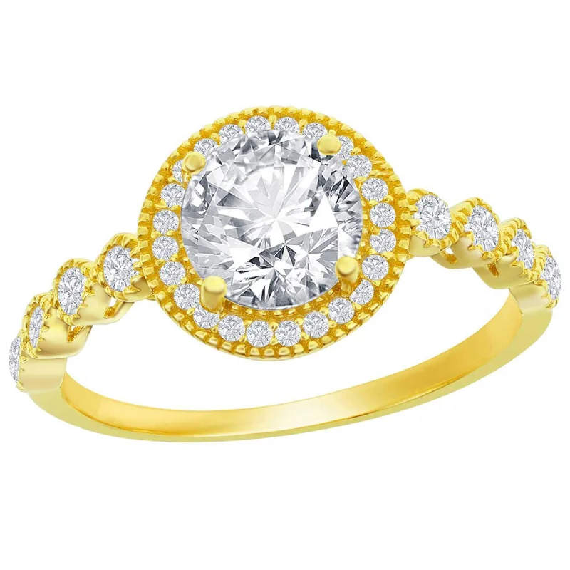 custom rings for women -Classic Women's YG Plated Round Pave Halo CZ Ring - W-2846