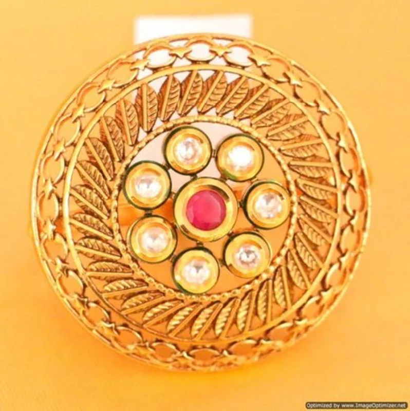 platinum rings for women -RUBY KUNDAN POLKI GOLD LOOK COCKTAIL RING