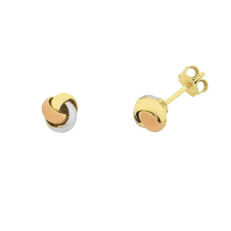 fashion earrings for women -9ct Yellow Gold Silver Infused 3 Tone Knotted Stud Earrings