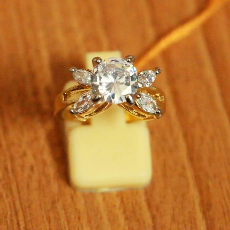 vintage diamond rings -SOLITAIRE LOOK GOLD PLATED CZ RING