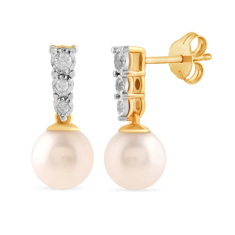 big hoop earrings for women -Freshwater Pearl Stud Earrings with 0.10ct of Diamonds in 9ct Yellow Gold