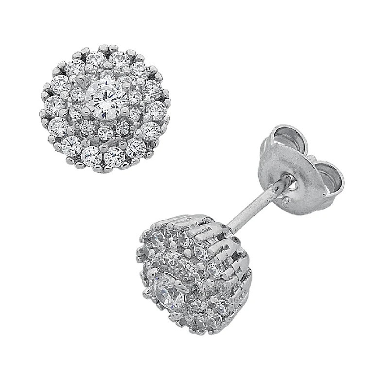 trendy statement earrings for women -Sterling Silver Cubic Zirconia Double Halo Stud Earrings