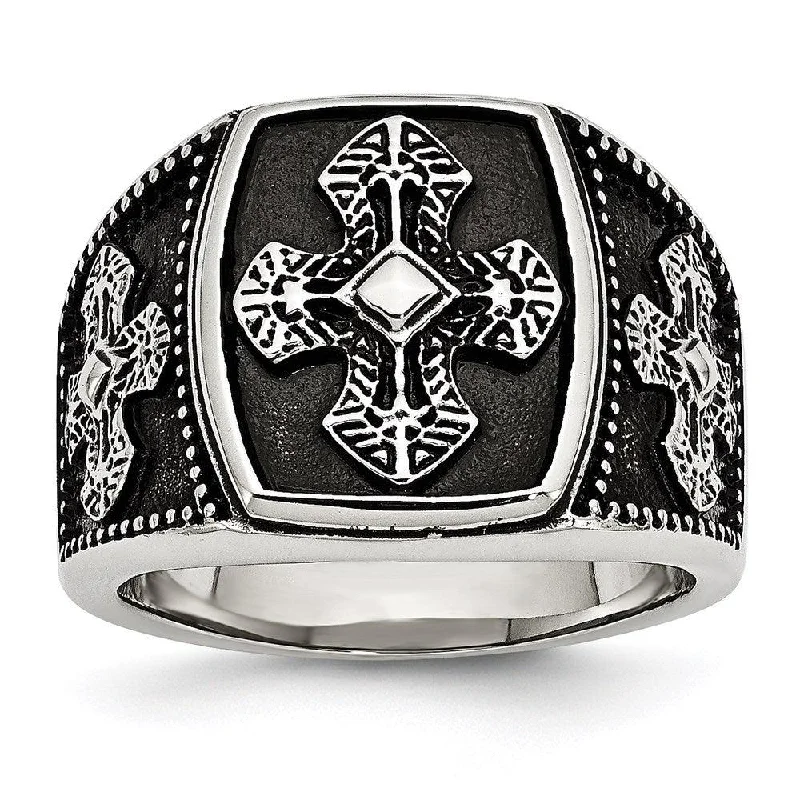 gemstone statement rings -Stainless Steel Polished and Antiqued Cross Ring