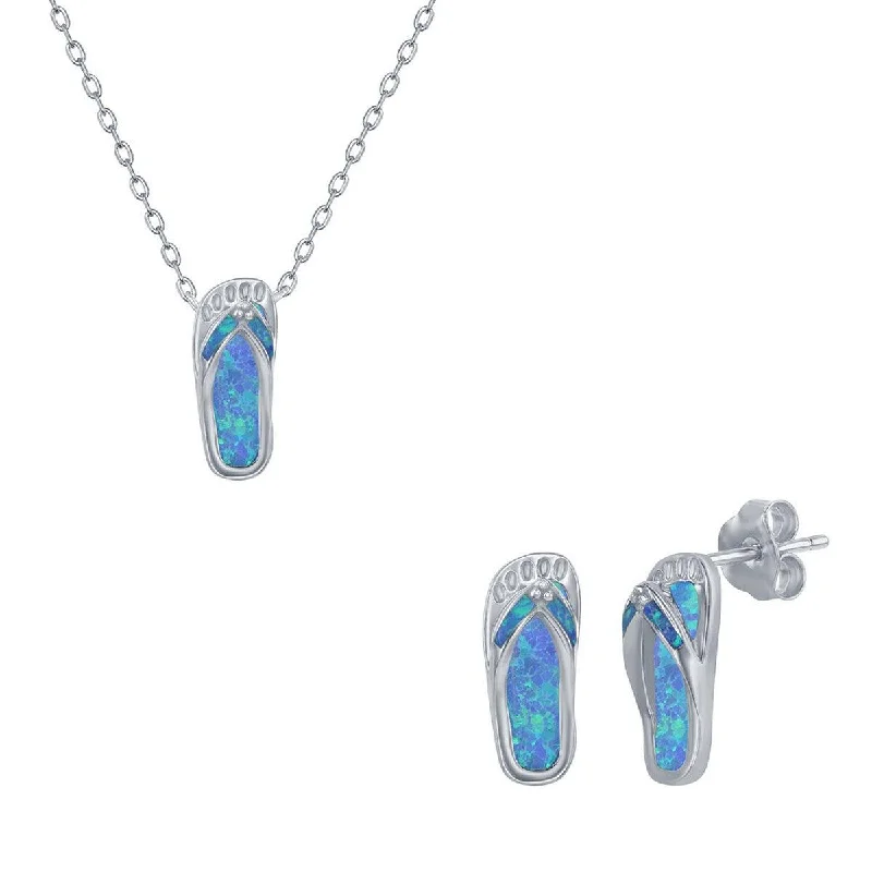 fashionable choker necklaces for women -Opalata Women's Necklace and Earrings Set - Sterling Blue Opal Flip Flop | SET-567