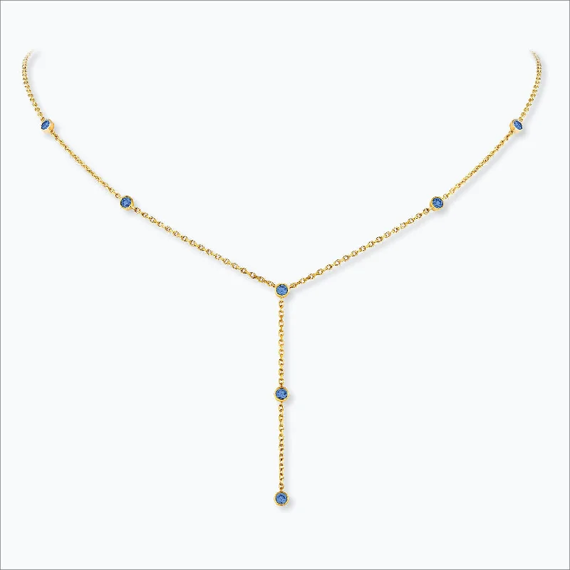 fashion pendant necklaces for women -7 Stone 18K Gold Necklace w. Blue Sapphires