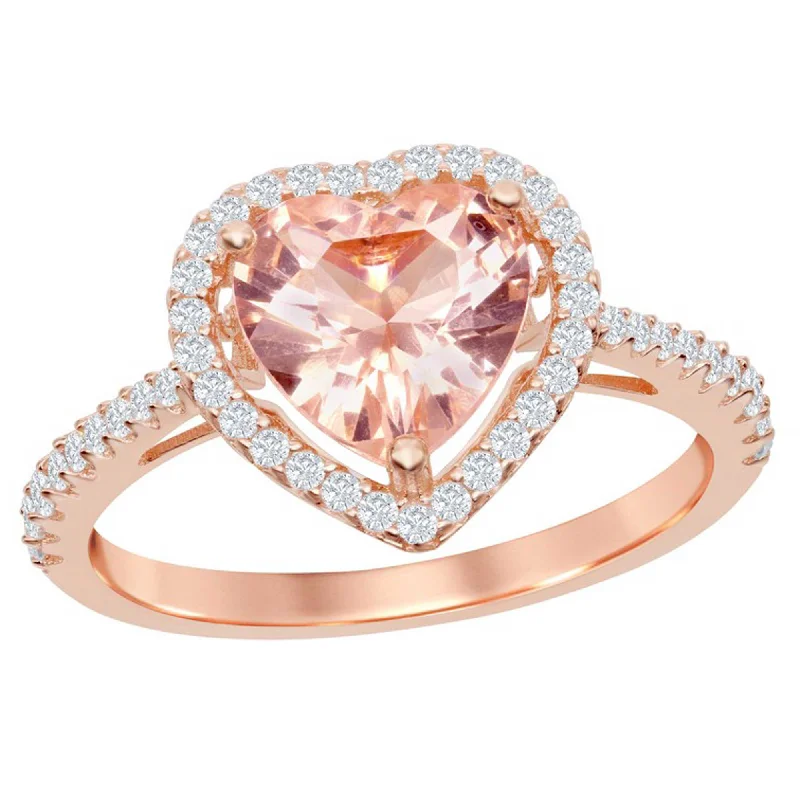 rose gold rings for women -Classic Women's RG Plated Heart Morganite CZ Ring - W-2076