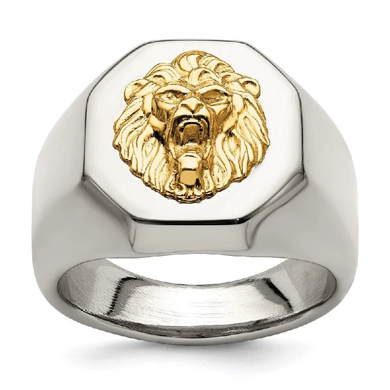 emerald-cut rings for women -Stainless Steel w/14k Accent Polished Lion Head Ring