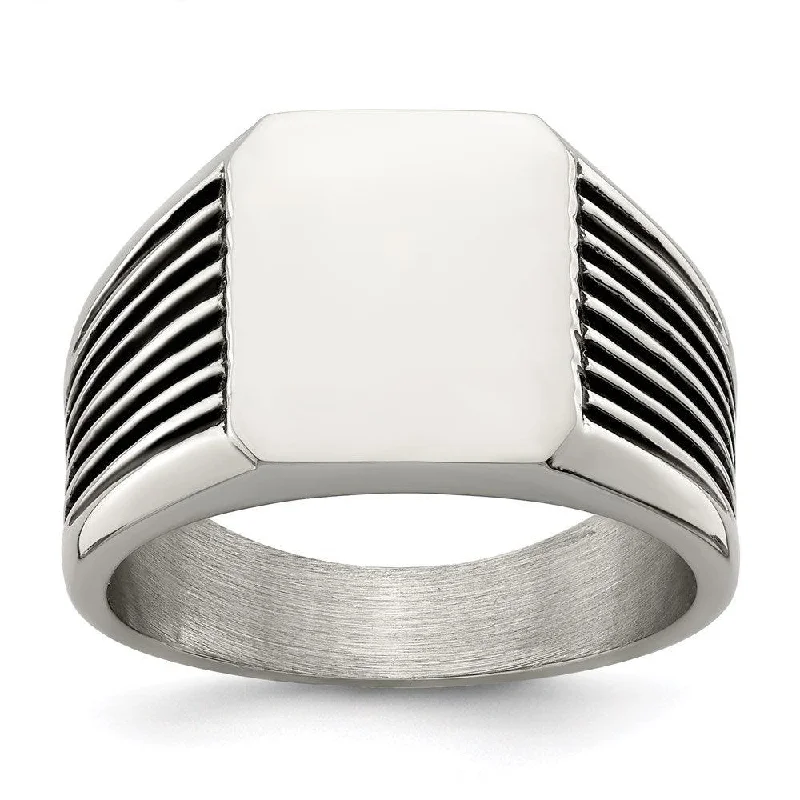 silver statement rings -Stainless Steel Polished with Black Enamel Signet Ring