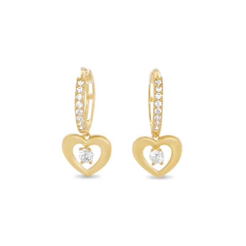 dangling pearl earrings for women -Heart Hoop Drop Earrings with Cubic Zirconia in 9ct Yellow Gold