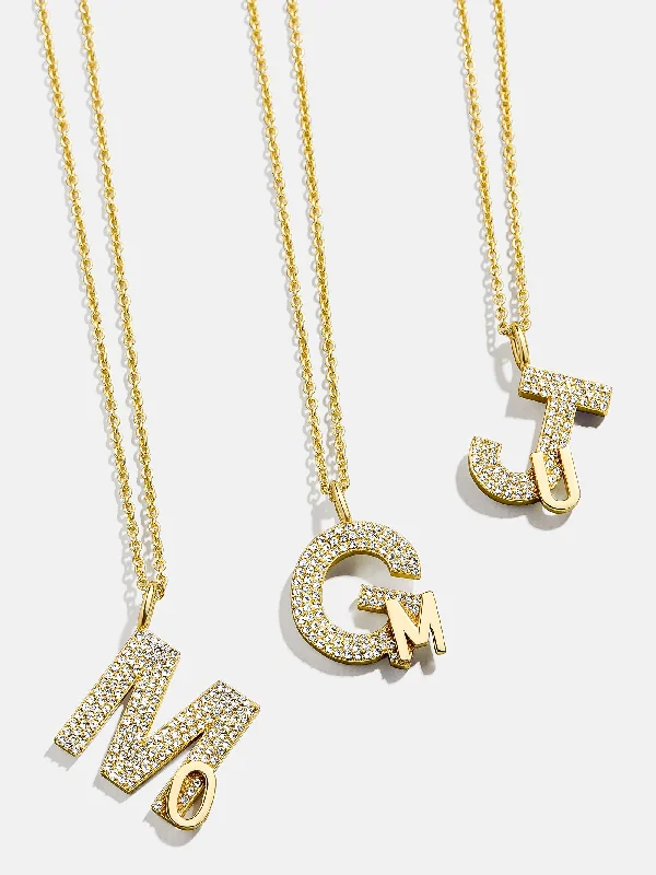 silver chain necklaces for women -Custom Double Initial Pavé Necklace - Gold/Pavé