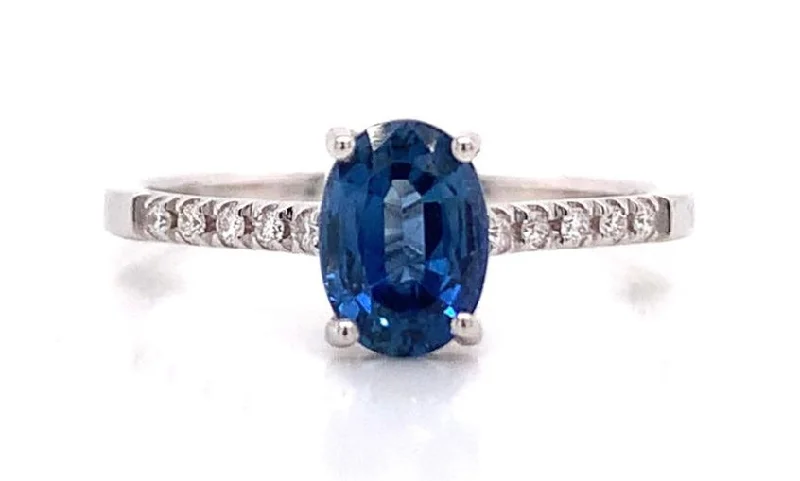 bridal rings for women -18ct White Gold Earth Grown 1.10ct Oval Sapphire With 0.09ct Diamond Set Shoulders Ring