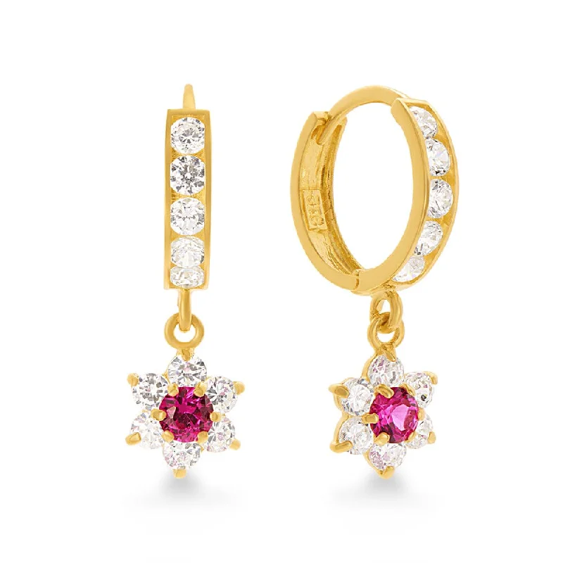 chic hoop earrings for women -Flower Drop Hoop Earrings with Cubic Zirconia in 9ct Yellow Gold