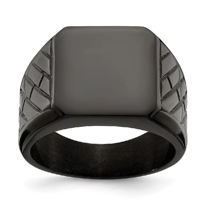 simple wedding bands for women -Stainless Steel Polished Black IP-plated Brick Design Signet Ring