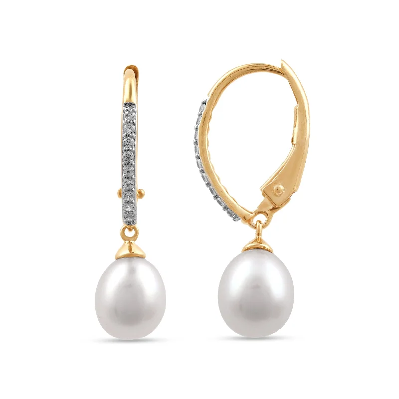 diamond stud earrings for women -Pearl Drop Earrings with 0.05ct of Diamonds in 9ct Yellow Gold