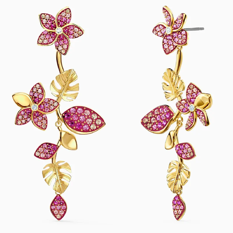 crystal earrings for women -SWAROVSKI TROPICAL FLOWER PIERCED EARRINGS, PINK, GOLD-TONE PLATED