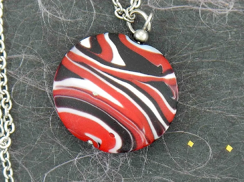 minimalist necklaces for women -29-inch necklace with matte plump Murano glass disc, marbled in red-black-white, stainless steel chain