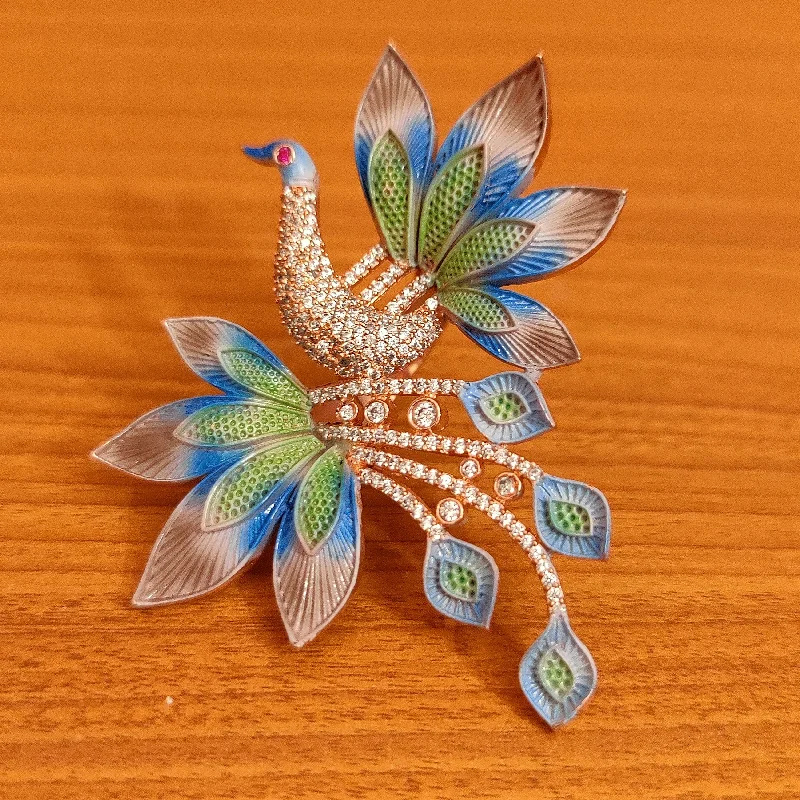 luxury rings for women -PEACOCK CZ STUDDED MEENAKARI COCKTAIL RING