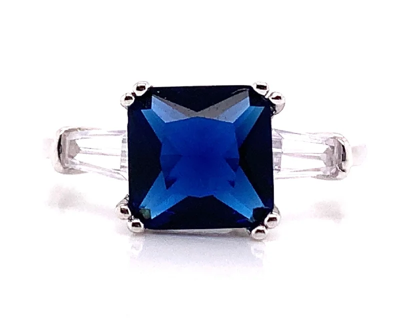 luxury promise rings -Sterling Silver Cushion Cut Sapphire & Cz Ring