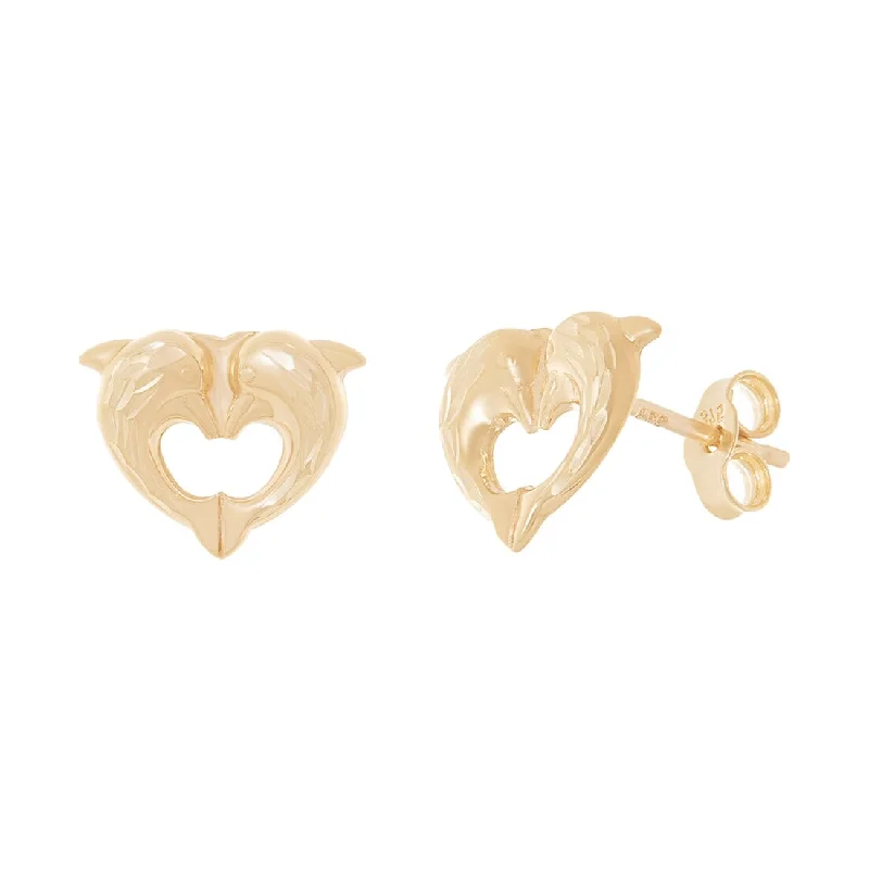 birthday gift earrings for women -Double Dolphin Heart Stud Earrings in 9ct Yellow Gold