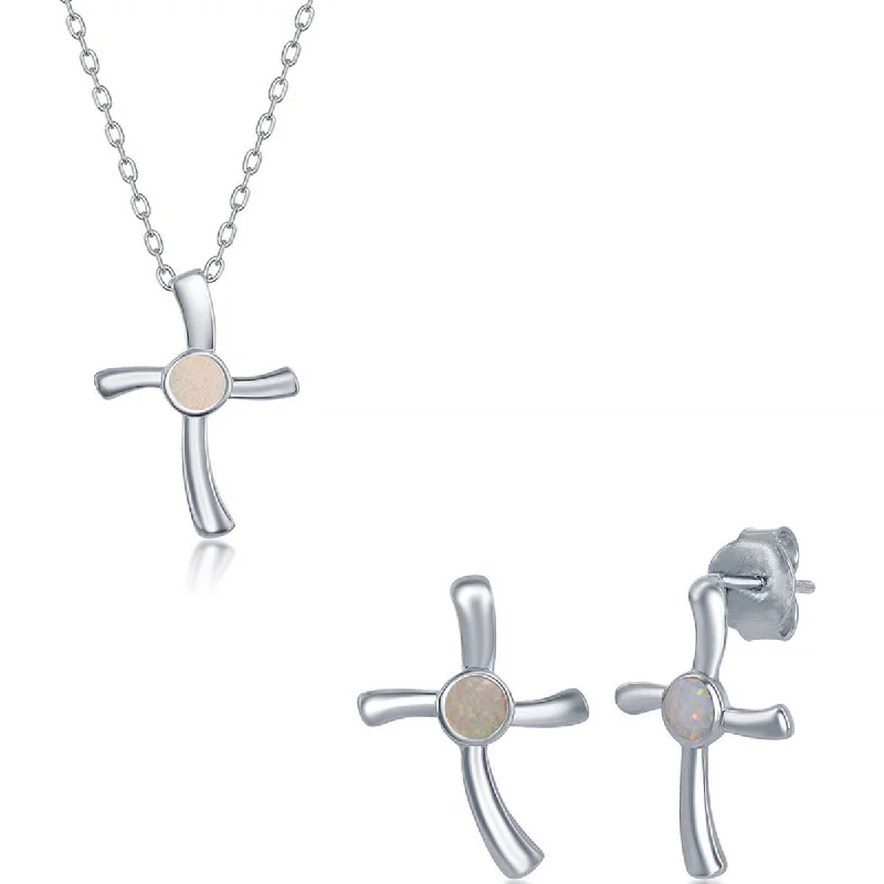 turquoise necklaces for women -Opalata Women's Necklace and Earrings Set - Sterling Silver White Opal Cross | SET-584