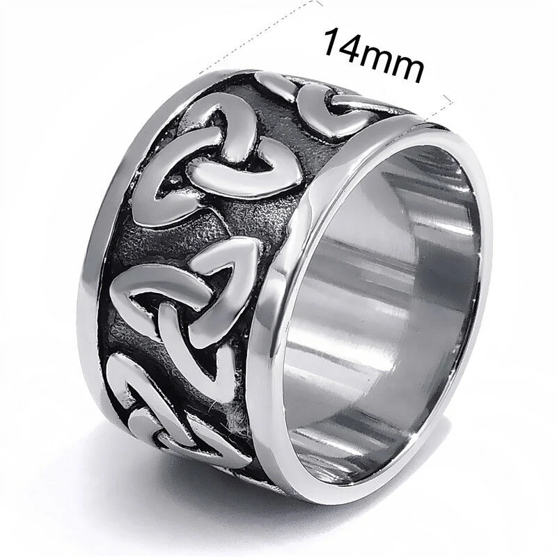 simple wedding bands for women -WIDE STAINLESS STEEL CELTIC TRINITY RING WITH  BLACK BACKGROUND