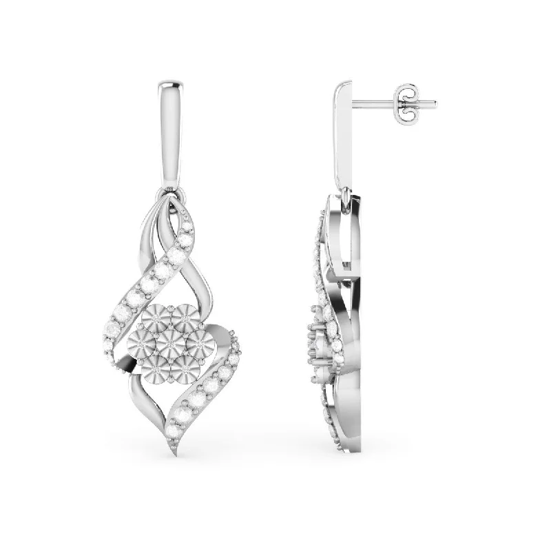 butterfly earrings for women -Diamond Set Flower Flame Drop Earrings in Sterling Silver