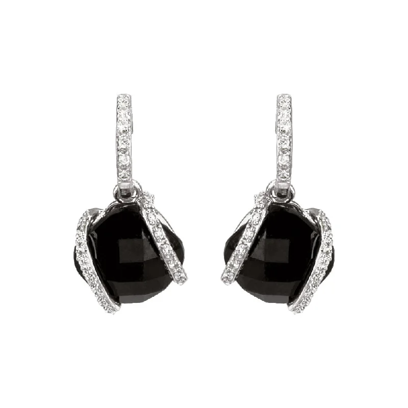 clip-on earrings for women -Cushion Lozenge Onyx & Diamond Dangle Earrings in 14k White Gold