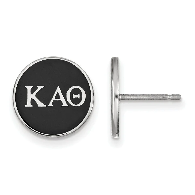 modern pearl earrings for women -Sterling Silver Kappa Alpha Theta Black Enamel Disc Post Earrings