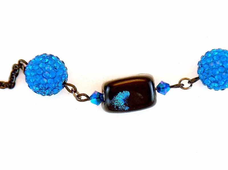 long chain necklaces for women -15-inch necklace with black and blue glass cube (Murano-style glass handmade in Montreal), bright blue Shambala beads, black stainless steel chain