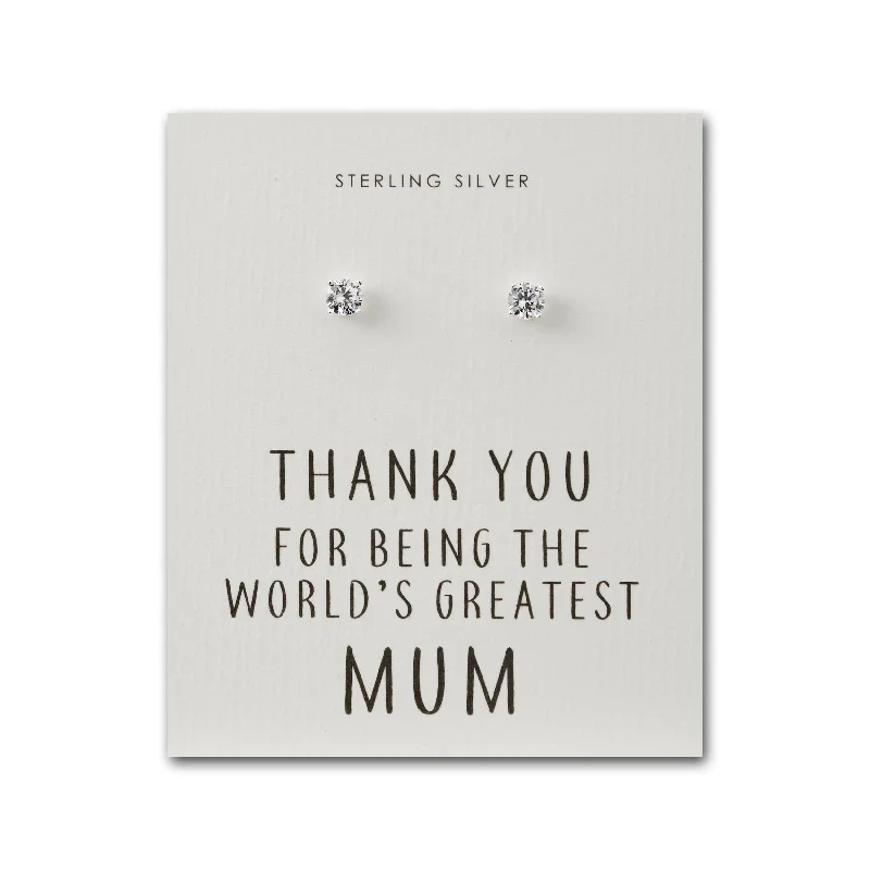 wedding earrings for women -Sterling Silver World's Greatest Mum Crystal Earrings