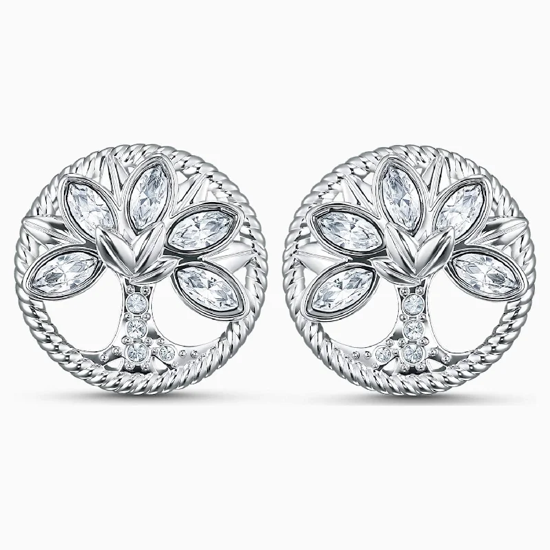 trendy earrings for women -SWAROVSKI SYMBOLIC TREE OF LIFE STUD PIERCED EARRINGS, WHITE, RHODIUM PLATED