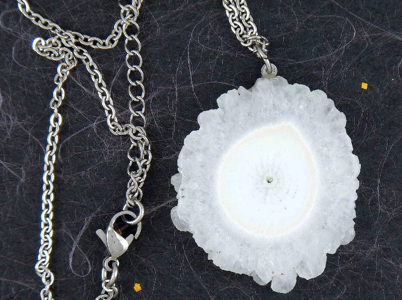 sapphire necklaces for women -16-inch necklace with large white solar quartz stone circular pendant, drop-shaped center, stainless steel chain