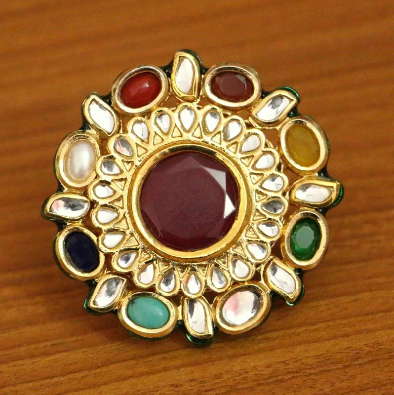 simple gold rings for women -NAVRATAN KUNDAN MEENAKARI COCKTAIL RING