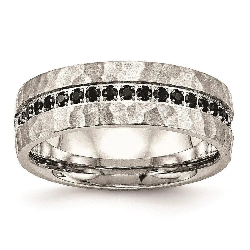 unique rings for women -Stainless Steel Brushed and Polished Black CZ Hammered Ring