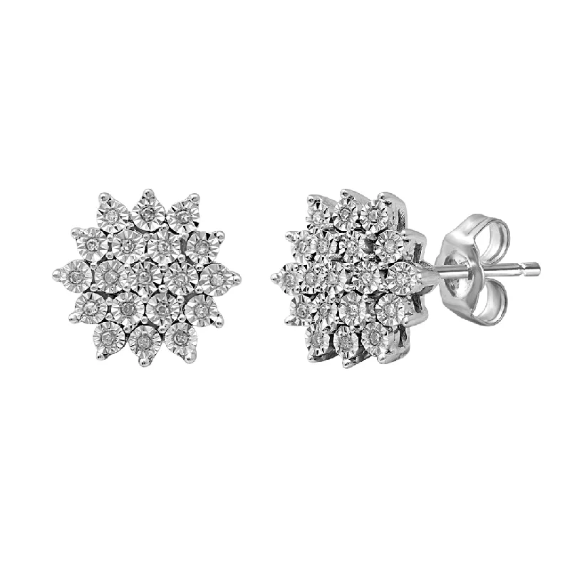 multi-strand earrings for women -Sterling Silver 0.10ct Diamond Cluster Stud Earrings