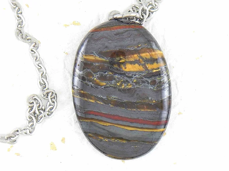 long pendant necklaces for women -16-inch necklace with oval iron tiger stone pendant, gray-red-golden brown stripes, stainless steel chain