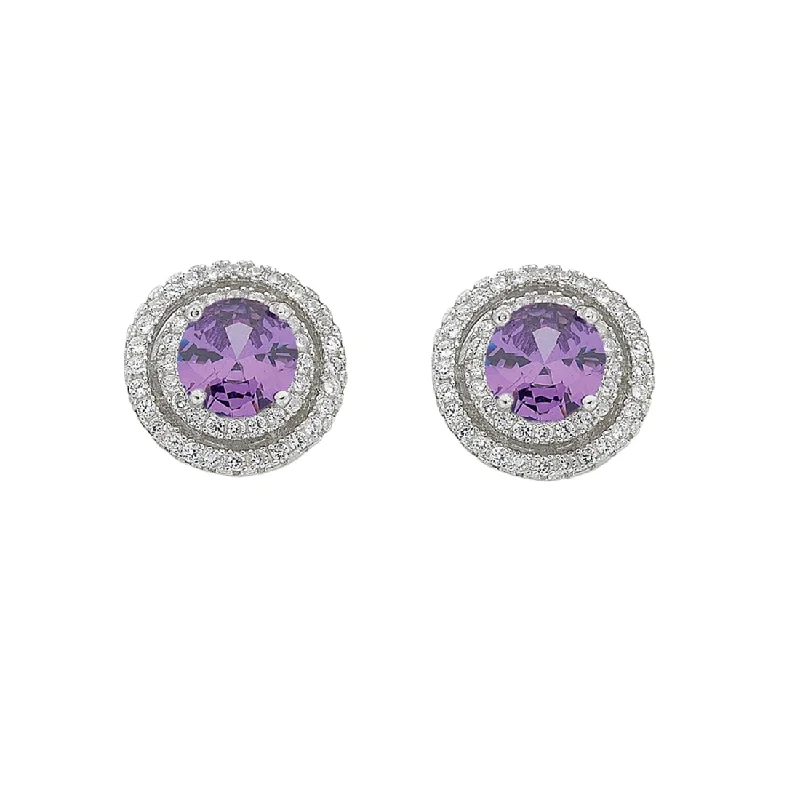 chic silver earrings for women -February Birthstone Sterling Silver Purple Cubic Zirconia Halo Earrings