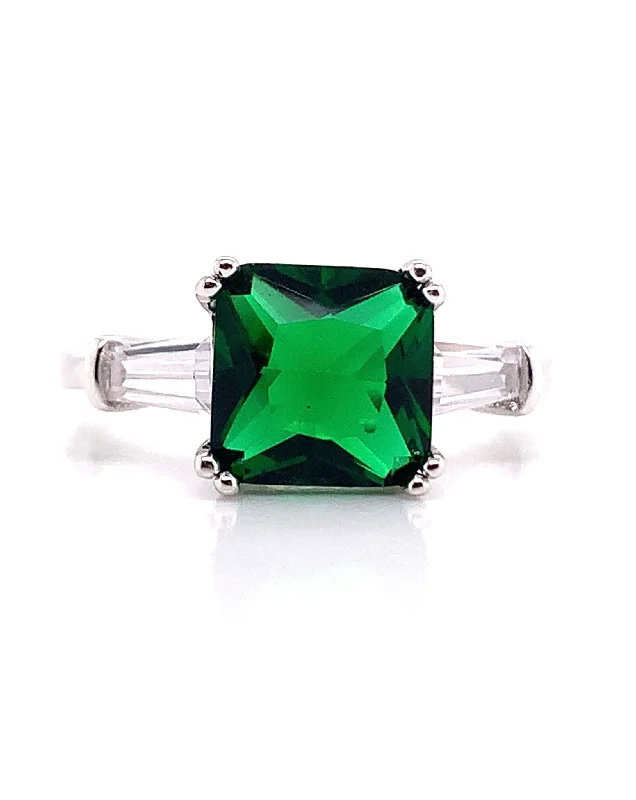 anniversary rings for women -Sterling Silver Cushion Cut Emerald & Cz Ring