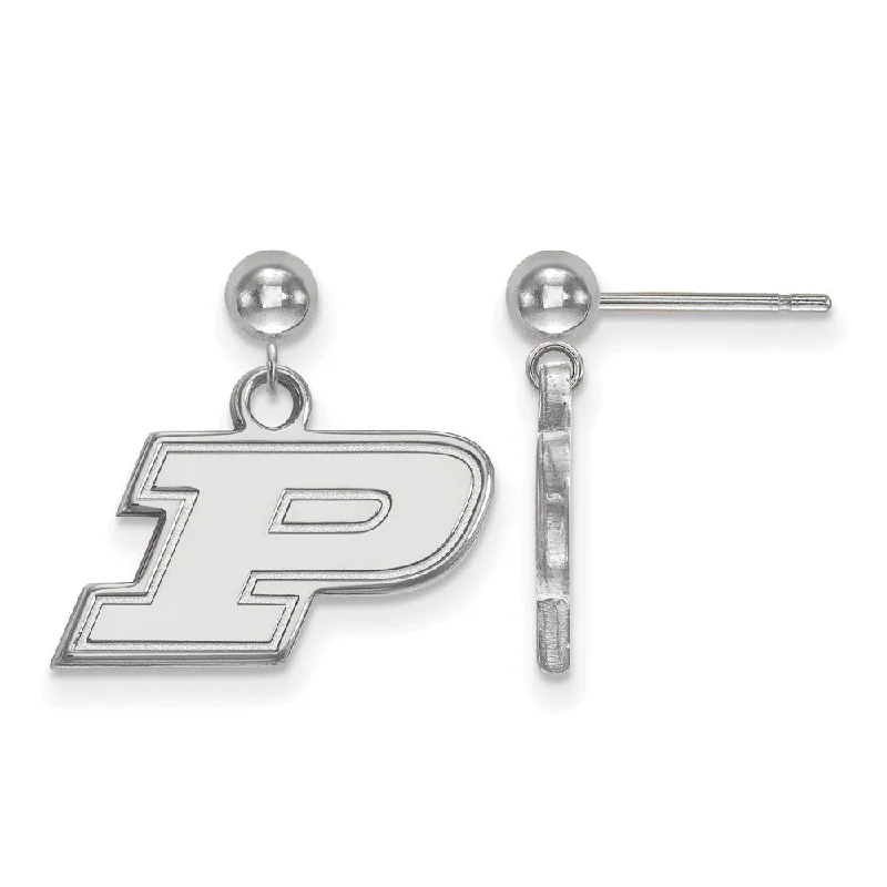 luxury gemstone earrings for women -14k White Gold Purdue Initial P Ball Dangle Earrings