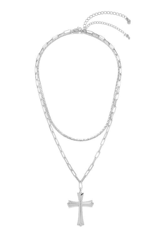 elegant pearl necklaces for brides -All My Faith Two Piece Layered Cross Pendant Necklace Set - Silver