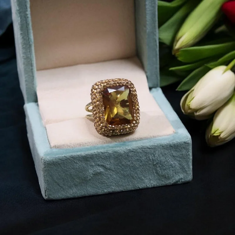 anniversary rings for women -Indian Golden Emerald Cut AD Ring For Wedding