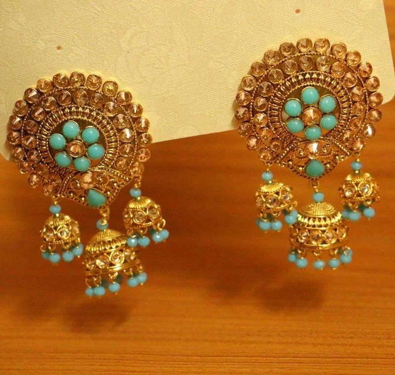 vintage gold earrings for women -Turquoise Stone Polki Studded Ethnic Earrings